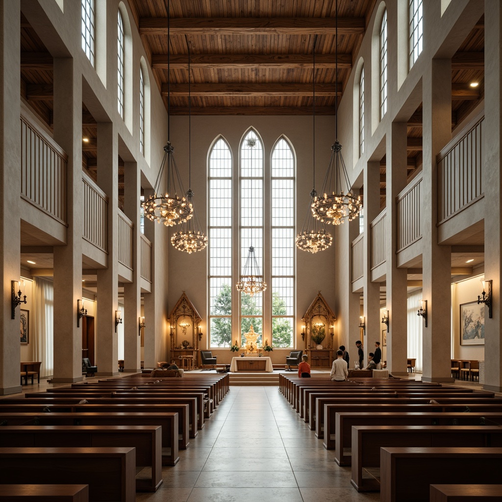 Prompt: Minimalist worship hall, high ceilings, grand chandeliers, stained glass windows, geometric patterns, marble floors, wooden pews, ornate altars, intricate carvings, subtle lighting, ambient shadows, 1/1 composition, symmetrical architecture, neutral color palette, elegant furnishings, abstract artwork, modern materials, sleek lines, sacred symbols, serene ambiance, soft natural light, shallow depth of field, panoramic view.