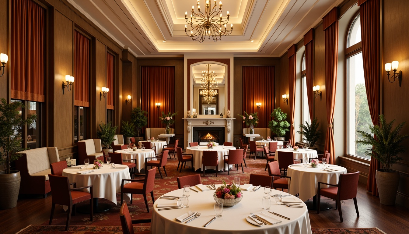 Prompt: Elegant dining hall, luxurious velvet drapes, rich wood furniture, warm golden lighting, sophisticated neutral tones, earthy brown walls, creamy white ceilings, refined silverware, ornate chandeliers, lavish flower arrangements, plush carpets, soft pastel shades, intimate ambiance, 1/1 composition, low-key illumination, realistic reflections.