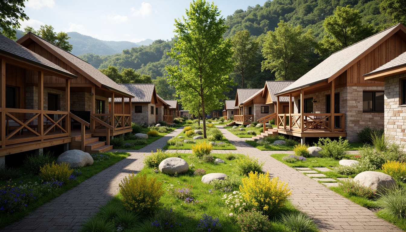 Prompt: Rustic wooden cabins, natural stone walls, earthy tone roofs, verdant greenery, wildflowers, meandering pathways, wooden decks, regional signage, local artwork, cultural symbols, warm sunny day, soft diffused lighting, shallow depth of field, 3/4 composition, panoramic view, realistic textures, ambient occlusion.