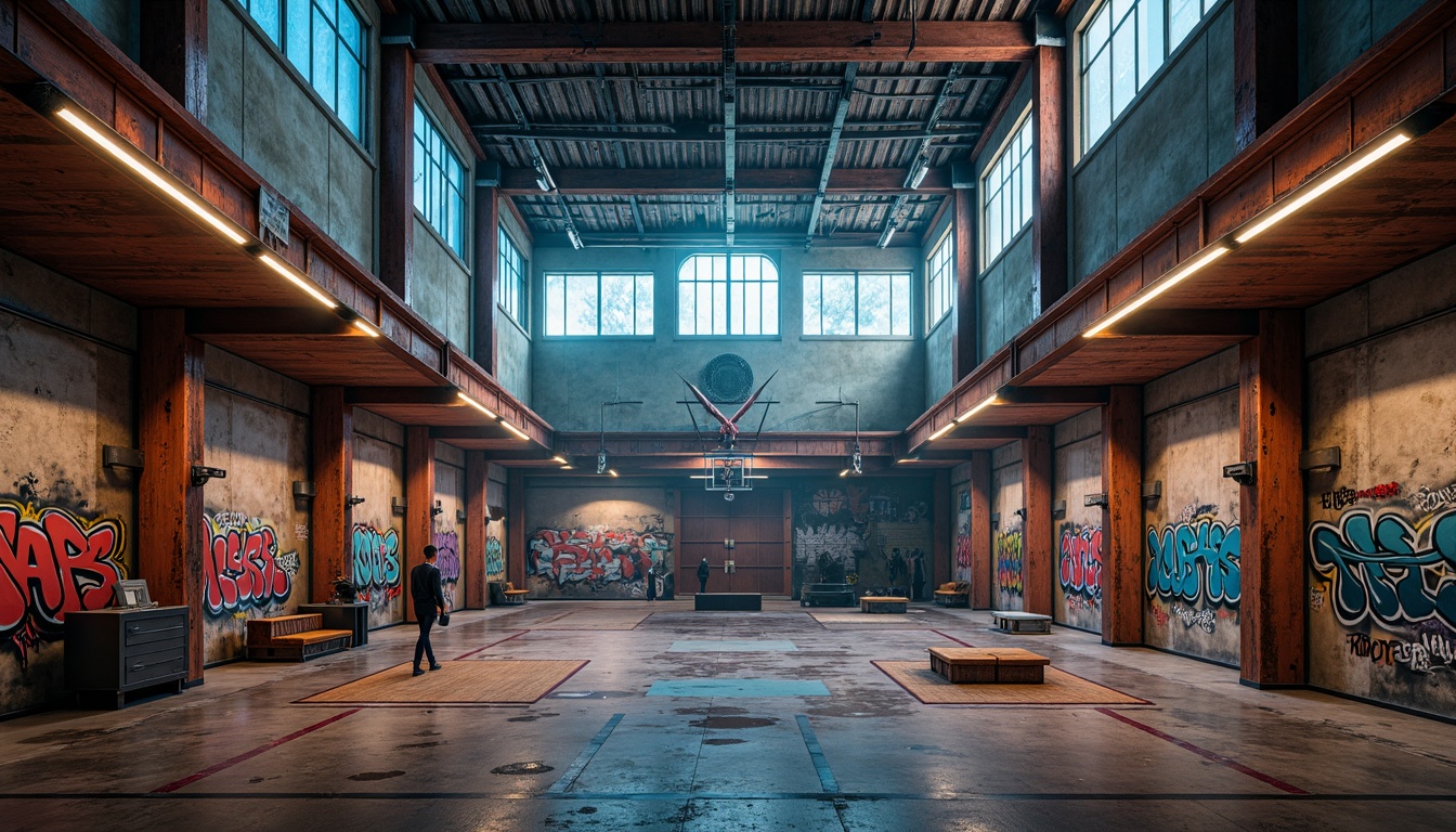 Prompt: Deconstructed gymnasium, bold brutalist architecture, fragmented concrete walls, rusty metal accents, distressed wood textures, industrial-style lighting fixtures, neon-lit corridors, vibrant graffiti murals, eclectic color palette, clashing primary hues, secondary colors, abstract geometries, dynamic shapes, futuristic ambiance, high-contrast shadows, dramatic spotlights, atmospheric misting effects, 3/4 composition, cinematic framing, gritty realistic textures.