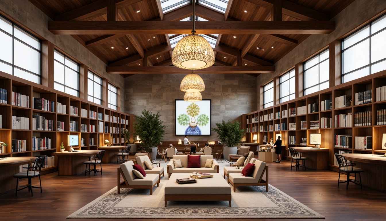 Prompt: Cozy reading nooks, warm wood tones, comfortable seating areas, floor-to-ceiling bookshelves, natural stone walls, large windows, soft diffused lighting, 1/1 composition, shallow depth of field, realistic textures, ambient occlusion, modern minimalist furniture, elegant chandeliers, plush area rugs, soothing color palette, quiet atmosphere, individual study desks, collaborative workspaces, advanced technology integration, interactive display screens, digital media walls, flexible modular shelving systems.