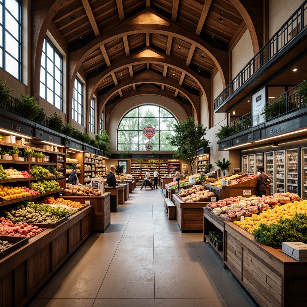 Prompt: Grand grocery store, high arched ceilings, natural stone walls, rustic wooden shelves, vibrant produce displays, artistic food arrangements, elegant lighting fixtures, ornate metal railings, intricate tile work, spacious aisles, modern refrigeration units, sleek cash registers, colorful signage, bustling atmosphere, warm afternoon light, soft focus effect, 1/1 composition, symmetrical framing, realistic textures, ambient occlusion.