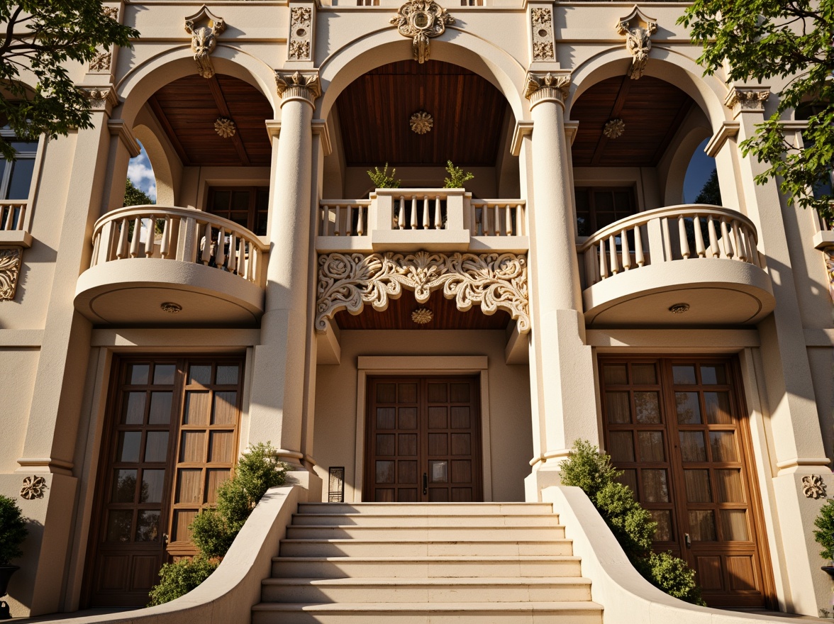 Prompt: Grandiose building facade, ornate columns, intricately carved details, symmetrical composition, majestic archways, rustic stone walls, weathered bronze doors, elegant balconies, refined railings, lavish ornamentation, subtle texture variations, warm beige color palette, soft golden lighting, shallow depth of field, 2/3 composition, realistic materials, ambient occlusion.