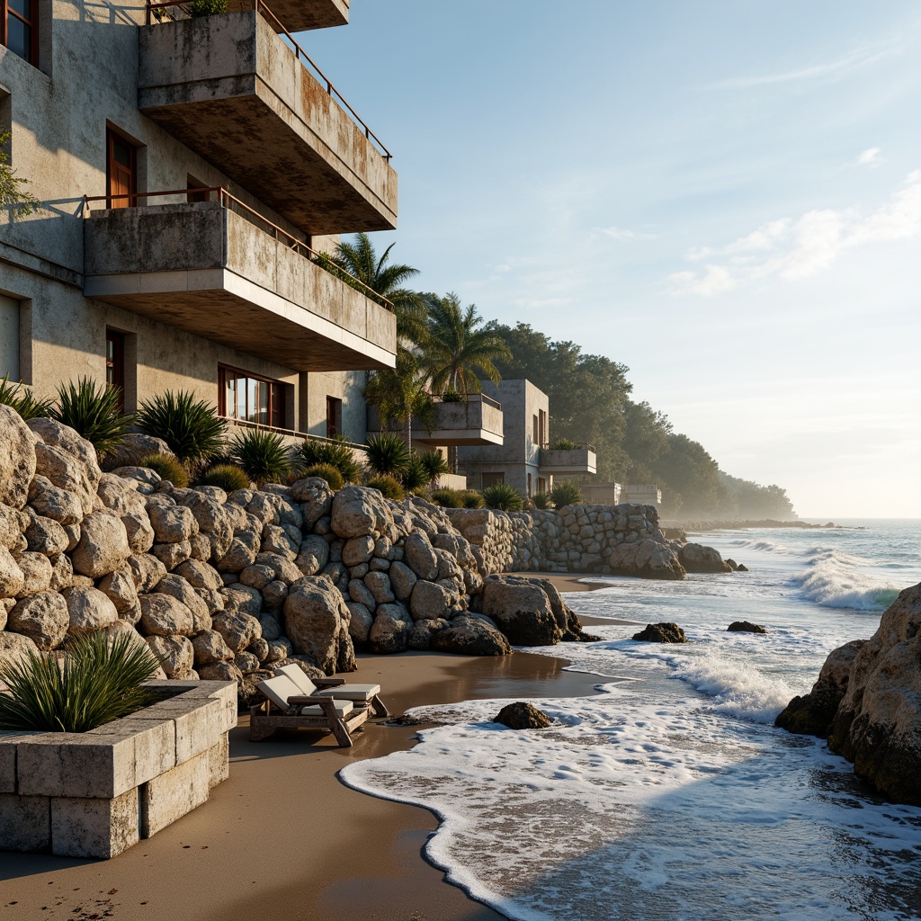 Prompt: Rugged beachside brutalist architecture, weathered concrete surfaces, rough-hewn stone walls, distressed wood accents, rusty metal beams, cantilevered balconies, ocean-facing windows, salty sea air, crashing waves, sandy dunes, driftwood sculptures, beachy vegetation, warm sunny day, soft diffused lighting, high contrast shadows, 1/2 composition, dramatic perspective view, realistic weathering effects.