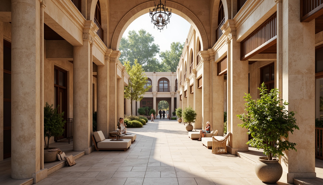 Prompt: Elegant neoclassical marketplace, sand-casted stone walls, ornate columns, intricate carvings, grand archways, rusticated quoins, ornamental pediments, subtle golden accents, warm beige tones, soft natural lighting, shallow depth of field, 1/2 composition, realistic textures, ambient occlusion.