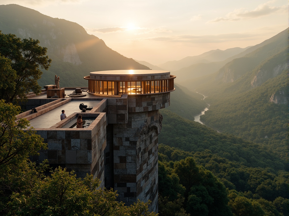 Prompt: Panoramic watchtower, rugged mountainous terrain, lush green forests, winding hiking trails, scenic overlooks, rustic stone walls, wooden observation decks, telescopes, binoculars, panoramic windows, cantilevered structures, modern minimalist design, earthy tones, natural materials, seamless integration with surroundings, dramatic sunsets, warm golden lighting, atmospheric mist, 1/2 composition, symmetrical balance, high dynamic range, detailed textures.