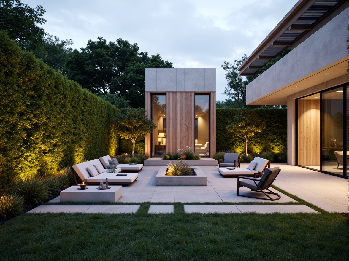 Prompt: Minimalist courtyard, sleek stone pavers, manicured lawns, modern outdoor furniture, abstract sculptures, ambient uplighting, lush green walls, geometric planters, succulent gardens, industrial water features, natural wood accents, cantilevered rooflines, floor-to-ceiling windows, sliding glass doors, warm neutral tones, shallow depth of field, 2/3 composition, cinematic perspective, realistic textures, soft focus blur.