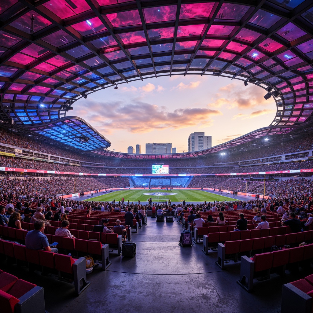 Prompt: Vibrant stadium interior, fusion architecture style, bold color palette, dynamic LED lighting, sleek metal beams, polished concrete floors, modern seating arrangements, tiered spectator areas, panoramic city views, urban landscape integration, abstract geometric patterns, neon-lit advertisements, energetic crowd atmosphere, warm golden hour lighting, shallow depth of field, 1/1 composition, symmetrical framing, futuristic aesthetic, high-tech materials, innovative structural systems.