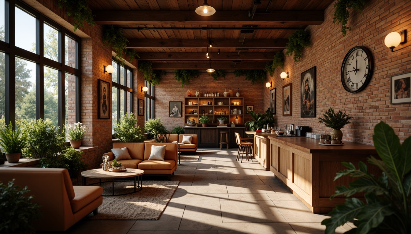 Prompt: Cozy coffee shop, warm wooden accents, plush sofas, rustic brick walls, vintage lighting fixtures, aromatic coffee scents, comfortable seating areas, natural stone floors, lush greenery, modern minimalist decor, soft warm lighting, shallow depth of field, 3/4 composition, panoramic view, realistic textures, ambient occlusion.