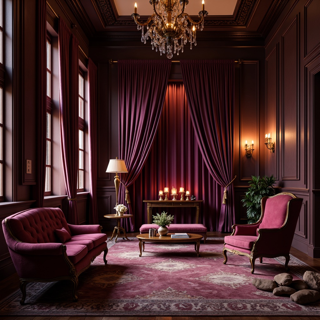 Prompt: Rich plum hues, luxurious velvet fabrics, ornate golden accents, dark wood tones, lavish drapery, regal purple undertones, subtle berry nuances, soft peach highlights, creamy ivory backgrounds, warm candlelight ambiance, intimate atmosphere, shallow depth of field, 1/2 composition, realistic textures, ambient occlusion.