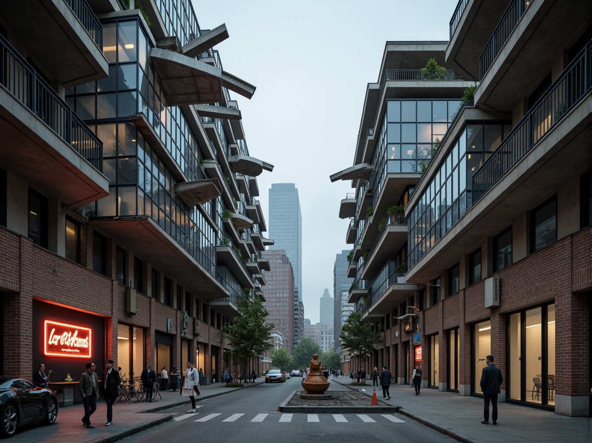 Prompt: Deconstructed library facade, fragmented brick walls, irregular glass blocks, cantilevered roofs, asymmetrical compositions, industrial metal beams, exposed ductwork, abstract sculptures, neon lighting installations, urban cityscape, foggy morning atmosphere, shallow depth of field, 1/2 composition, dramatic shadows, high-contrast textures, ambient occlusion.