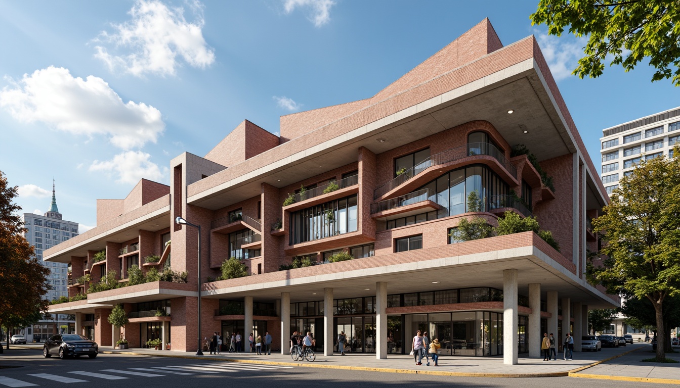 Prompt: Deconstructed gymnasium facade, fragmented brick walls, irregular shapes, bold steel beams, dynamic concrete forms, abstract patterns, vibrant color blocking, angular windows, cantilevered roofs, asymmetrical composition, dramatic lighting effects, deep shadows, high-contrast textures, realistic materiality, atmospheric perspective, 1/1 composition, wide-angle lens, urban cityscape background, sunny day with clouds.