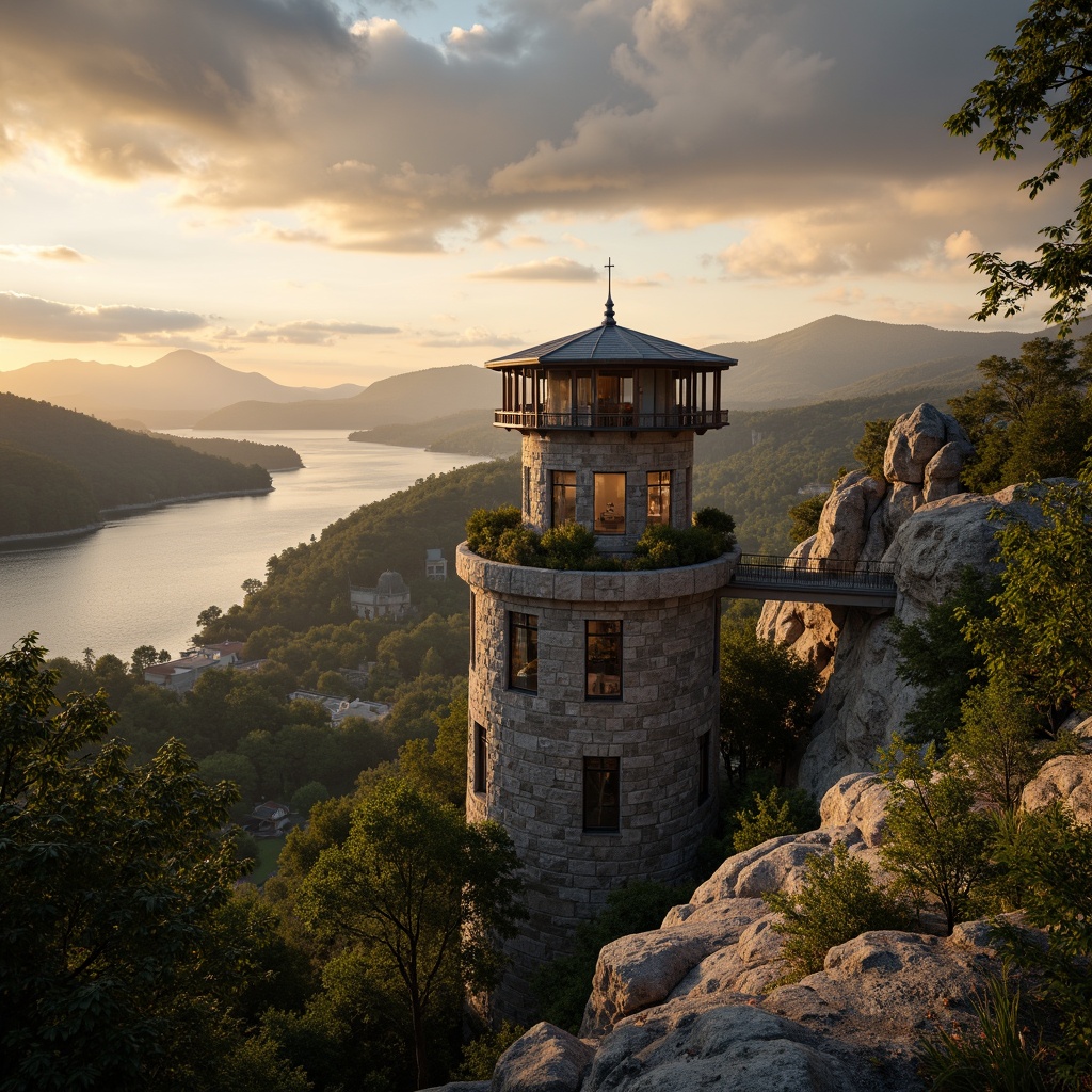 Prompt: \Majestic watchtower, rugged stone walls, weathered wooden accents, panoramic views, rolling hills, serene lakeside, lush green forests, misty mountains, dramatic sunsets, warm golden lighting, soft focus, shallow depth of field, 1/1 composition, realistic textures, ambient occlusion, organic architecture, curved lines, earthy tones, natural materials, observation decks, telescopes, binoculars, scenic overlooks.\