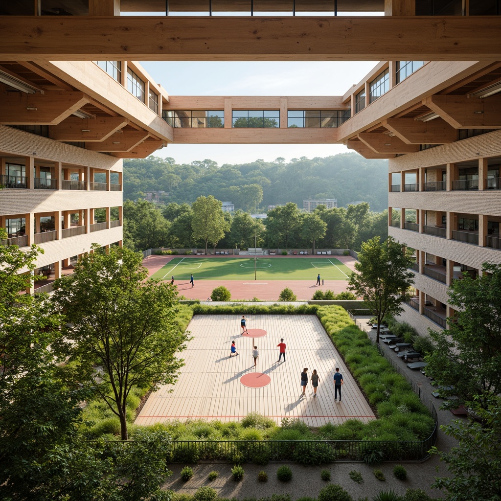 Prompt: Panoramic gymnasium, lush green roof, natural ventilation, clerestory windows, abundant daylight, spacious interior courtyard, wooden flooring, exposed brick walls, modern minimalist architecture, athletic tracks, basketball courts, soccer fields, tennis courts, stadium seating, outdoor recreational spaces, integrated landscape design, native plant species, walking trails, scenic overlooks, serene atmosphere, soft natural lighting, shallow depth of field, 3/4 composition.