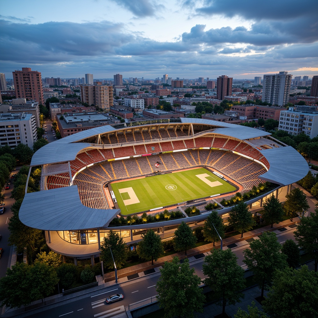 Prompt: Vibrant stadium architecture, fusion style, curved lines, angular shapes, dynamic lighting, cantilevered roofs, exposed steel beams, concrete pillars, sleek glass facades, retractable roofs, lush greenery, urban landscape, bustling cityscape, dramatic evening atmosphere, warm golden lighting, shallow depth of field, 1/1 composition, realistic textures, ambient occlusion.