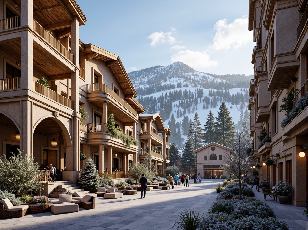 Prompt: Grandiose ski resort, ornate Baroque-style facades, golden accents, intricate stonework, curved lines, dramatic arches, grand entrances, opulent chandeliers, lavish furnishings, rich wood tones, marble floors, snow-capped mountains, frosty pine trees, misty morning light, warm golden lighting, soft focus effect, 1/1 composition, symmetrical framing, highly detailed textures, realistic snowfall simulation.