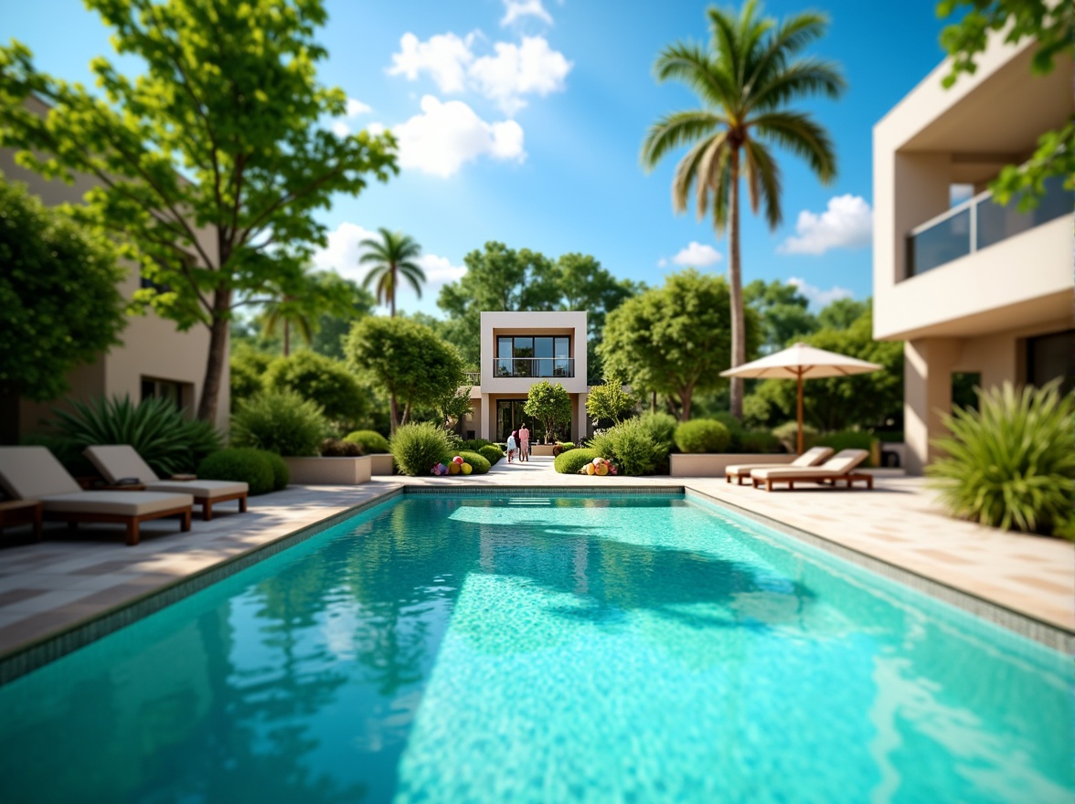 Prompt: Vibrant turquoise pool water, surrounding lush greenery, warm sunny day, natural stone decking, sleek modern pool architecture, angular lines, minimalist design, contrasting colors, bold accents, refreshing atmosphere, inviting lounge chairs, umbrella shades, tropical plants, palm trees, colorful beach balls, soft focus blur, shallow depth of field, 1/1 composition, bright highlights, realistic water textures.