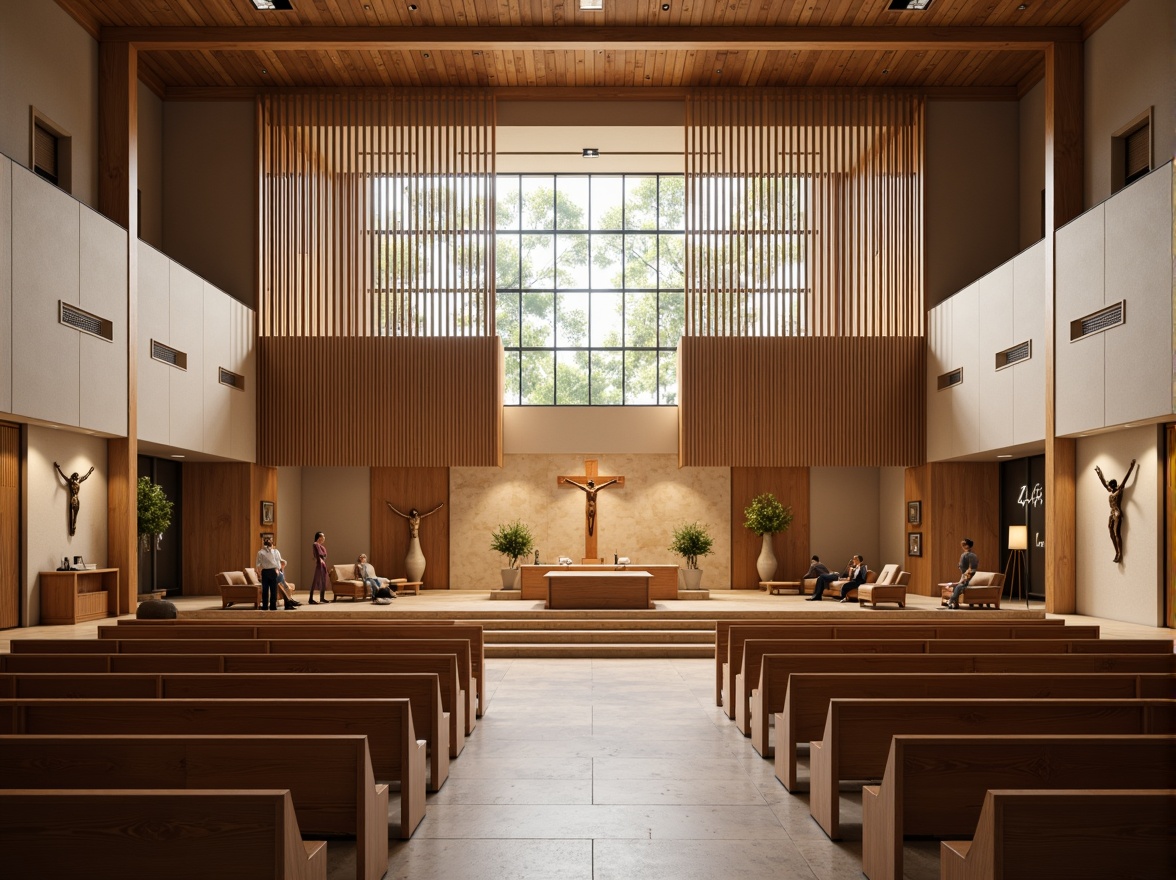 Prompt: Contemporary church interior, open-plan worship space, minimalist altar design, sleek wooden pews, stained glass windows, natural stone flooring, abstract crucifix sculptures, subtle ambient lighting, soft warm color palette, 1/1 composition, shallow depth of field, panoramic view, realistic textures, ambient occlusion, modern organ console, innovative acoustic solutions, comfortable seating areas, peaceful atmosphere, spiritual ambiance.