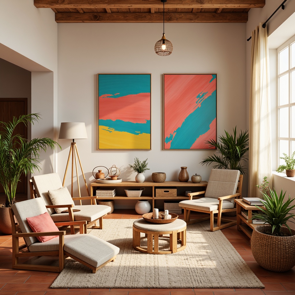 Prompt: Vibrant artistic studio, eclectic furniture pieces, bold brushstroke artworks, rich wood accents, earthy terracotta floors, creamy white walls, pops of coral pink, turquoise blue, sunny yellow, natural linen textiles, woven baskets, potted greenery, soft warm lighting, 3/4 composition, realistic textures, ambient occlusion.