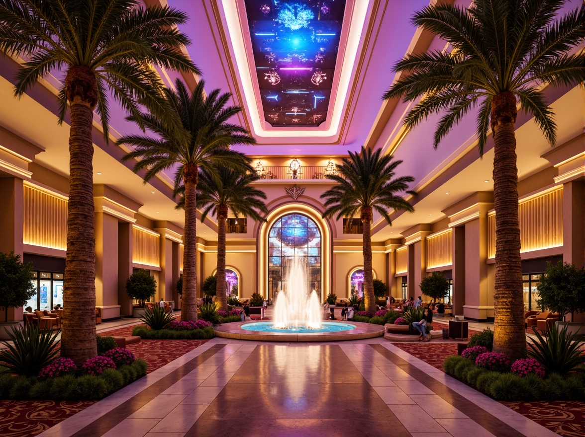 Prompt: Vibrant neon lights, ornate decorations, lavish fountain shows, grand entrance archways, sweeping curved lines, opulent chandeliers, luxurious marble floors, richly patterned carpets, majestic columns, intricate moldings, warm golden lighting, shallow depth of field, 1/1 composition, dramatic perspective, realistic textures, ambient occlusion, Mediterranean-inspired facades, regionalist casino architecture, resort-style amenities, tropical palm trees, exotic floral arrangements, sun-kissed terracotta roofs.