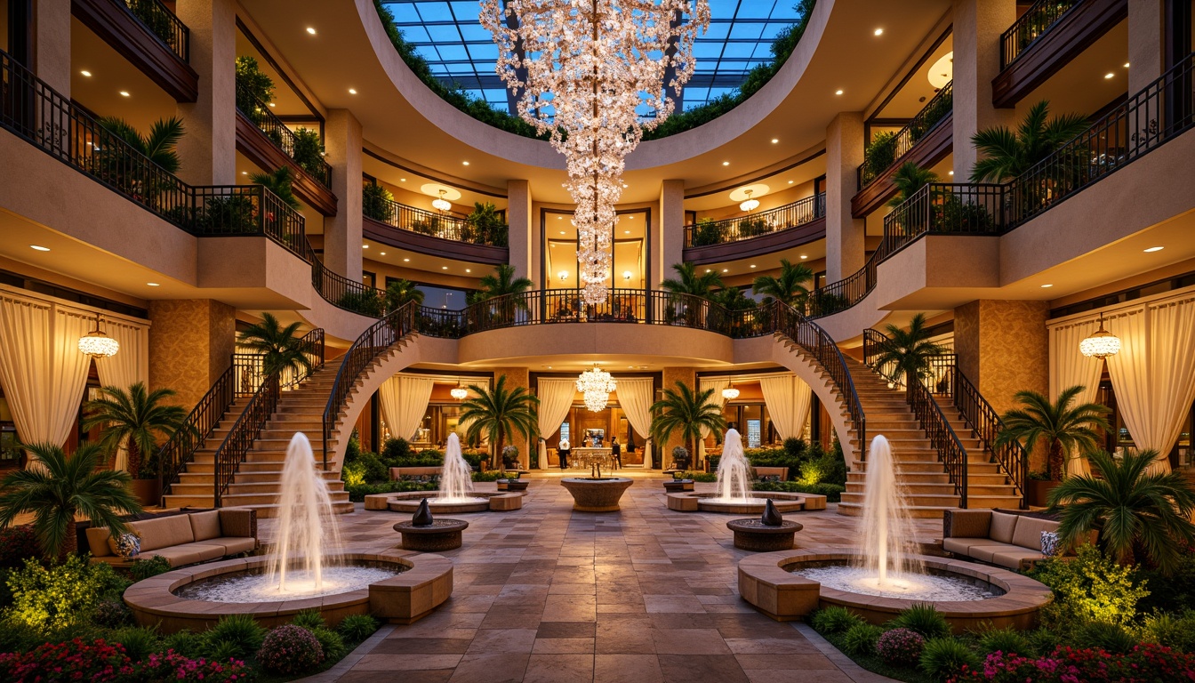 Prompt: Luxurious casino resort, Mediterranean-inspired architecture, curved lines, ornate decorations, lavish fountains, tropical gardens, palm trees, vibrant flowers, sparkling water features, grand entrance, sweeping staircases, opulent chandeliers, rich textiles, intricate mosaics, warm golden lighting, shallow depth of field, 1/1 composition, dramatic panoramic view, realistic reflections, ambient occlusion.