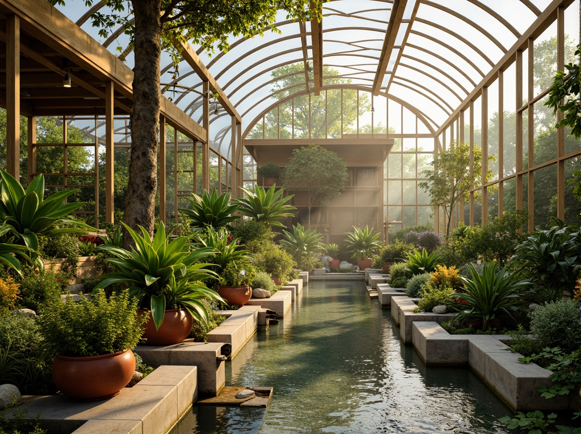 Prompt: Vibrant botanical greenhouse, lush tropical plants, warm natural light, earthy terracotta pots, misting water features, soft diffused lighting, pastel color palette, calming atmosphere, organic shapes, curved lines, wooden accents, natural textiles, living walls, green roofs, solar panels, rainwater harvesting systems, humid microclimate, 1/1 composition, realistic reflections, ambient occlusion.