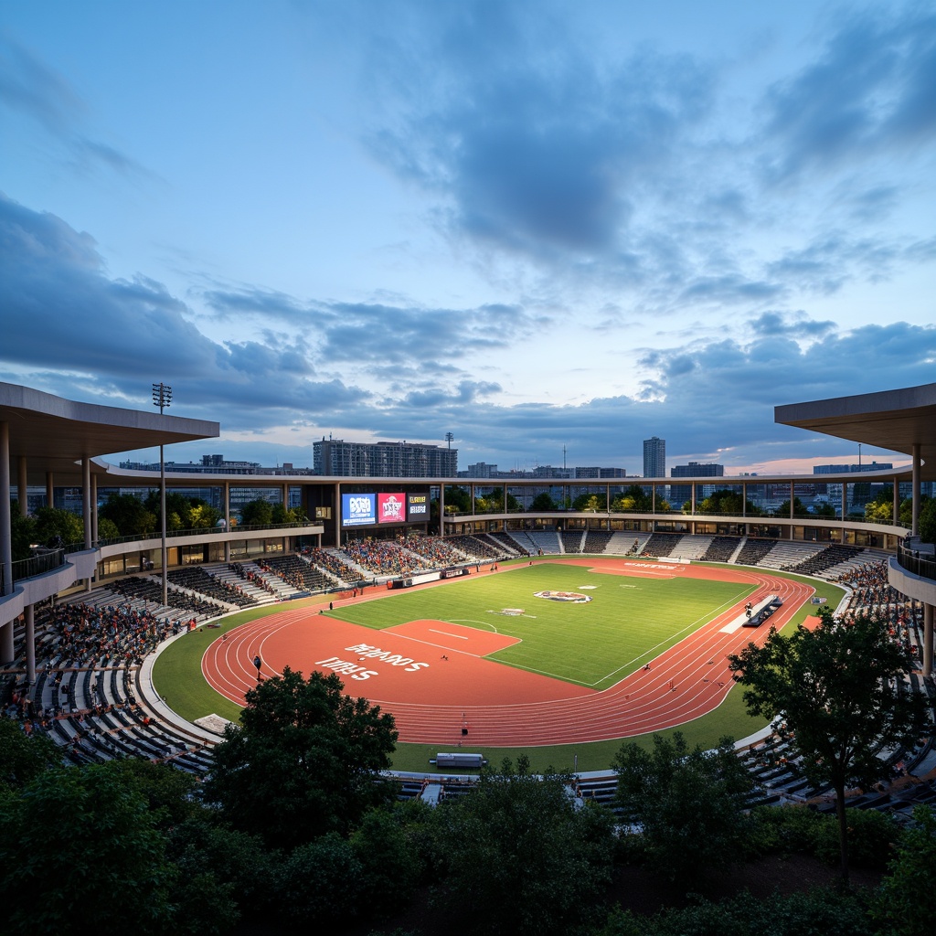 Prompt: Streamlined modern sports field, sleek metallic fa\u00e7ade, curved lines, dynamic shapes, vibrant color scheme, athletic tracks, professional-grade grass, goalposts, scoreboards, spectator seating areas, floodlights, evening ambiance, soft warm lighting, shallow depth of field, 3/4 composition, panoramic view, realistic textures, ambient occlusion, urban cityscape background, clear blue sky, fluffy white clouds.