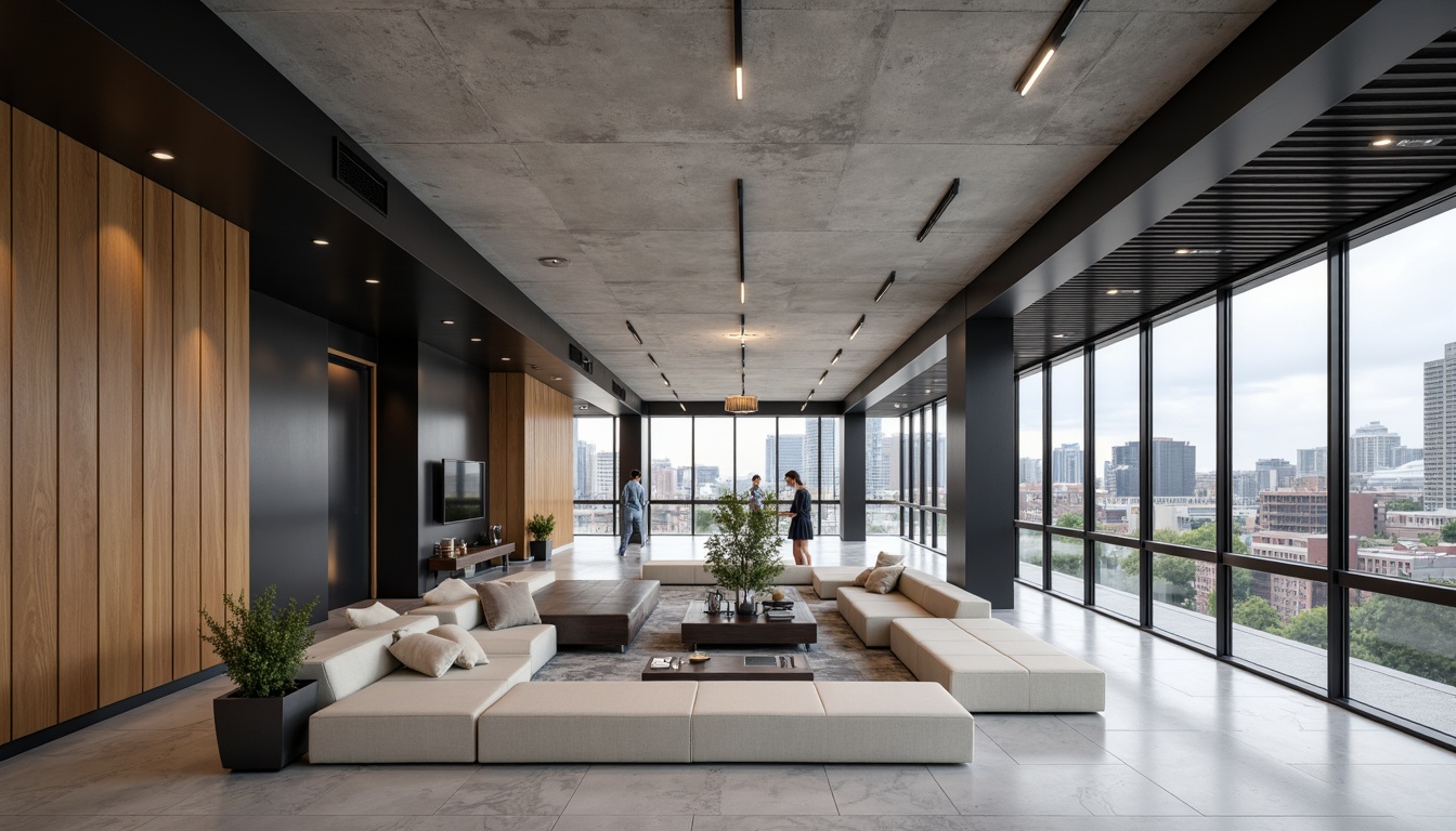 Prompt: Exposed concrete walls, industrial metal beams, sleek glass facades, polished marble floors, minimalist decor, low-pile carpeting, matte black steel accents, warm wooden panels, brutalist architectural style, urban cityscape, overcast sky, soft natural lighting, shallow depth of field, 1/1 composition, realistic textures, ambient occlusion.