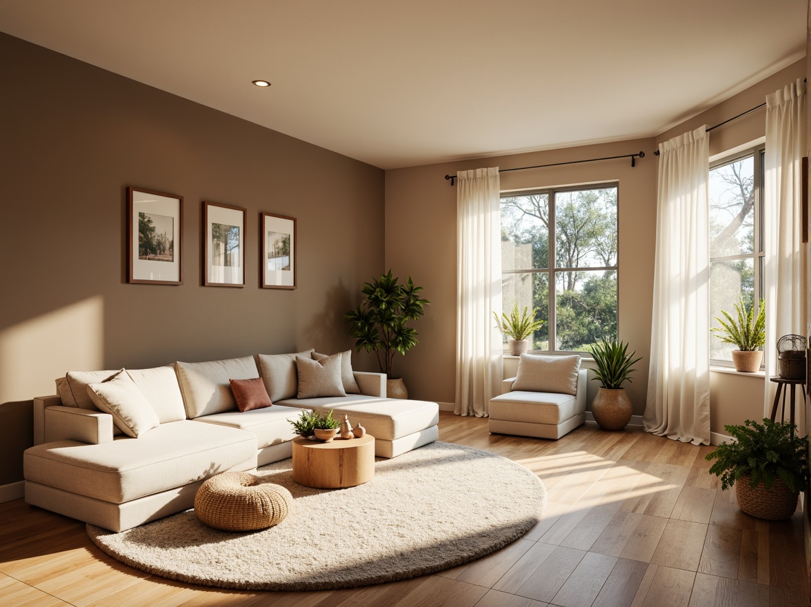 Prompt: Cozy apartment interior, earthy tone walls, warm beige furniture, soft cream accents, natural wood floors, plush area rugs, modern minimalist decor, large windows, abundant natural light, calming atmosphere, gentle shadows, 1/2 composition, shallow depth of field, realistic textures, ambient occlusion.