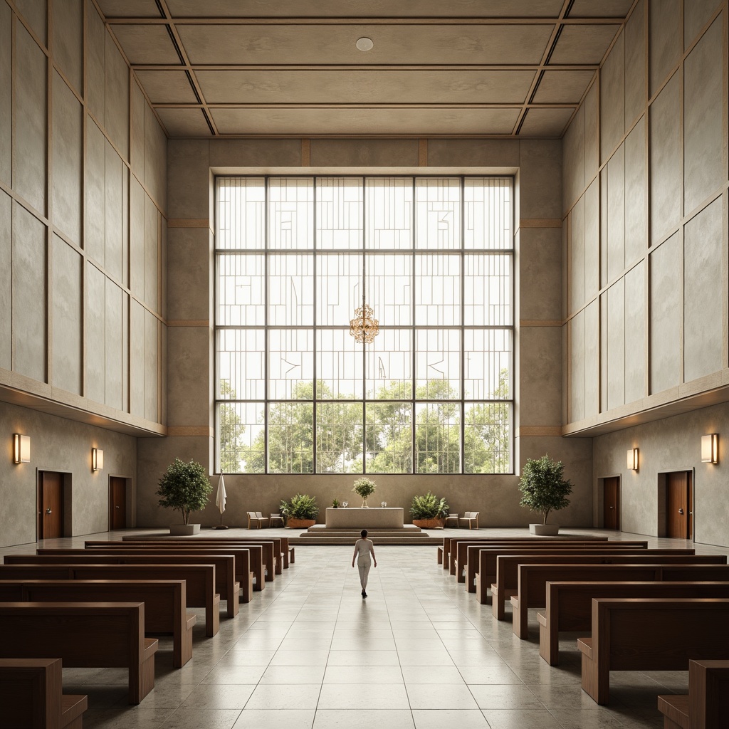 Prompt: Minimalist worship space, high ceilings, large windows, natural light, abstract stained glass, subtle ornateness, monochromatic color scheme, polished marble floors, sleek wooden pews, modern chandeliers, geometric patterns, clean lines, minimal decor, sacred symbols, neutral tones, soft warm lighting, shallow depth of field, 1/1 composition, symmetrical framing, realistic textures, ambient occlusion.