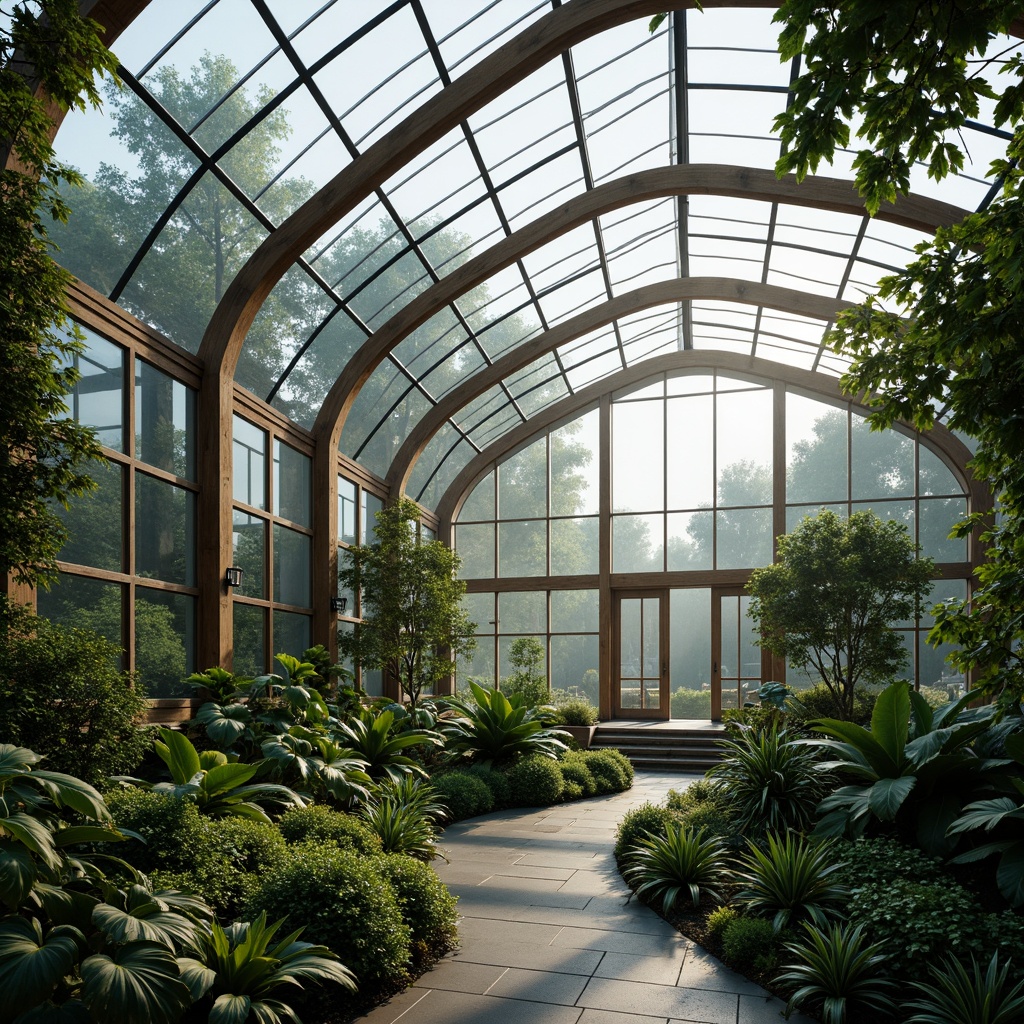 Prompt: Glass-roofed greenhouse, lush tropical plants, misty atmosphere, metal frames, wooden trellises, climbing vines, natural stone pathways, modern minimalist design, large windows, sliding glass doors, automated irrigation systems, solar-powered ventilation, eco-friendly materials, curved lines, geometric patterns, warm soft lighting, shallow depth of field, 1/1 composition, realistic textures, ambient occlusion.