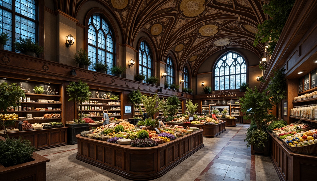 Prompt: Gothic-inspired grocery store, ornate stone fa\u00e7ade, stained glass windows, intricate archways, ribbed vaults, dark wood accents, rusty metal details, dim warm lighting, rich textiles, mysterious ambiance, dramatic verticality, grandiose chandeliers, polished marble floors, frescoed ceilings, lavish floral arrangements, abundant greenery, organic produce displays, artisanal food stations, reclaimed wood shelves, wrought iron fixtures, vintage-inspired signage, mystical atmosphere, 1/1 composition, high contrast lighting, cinematic color grading.