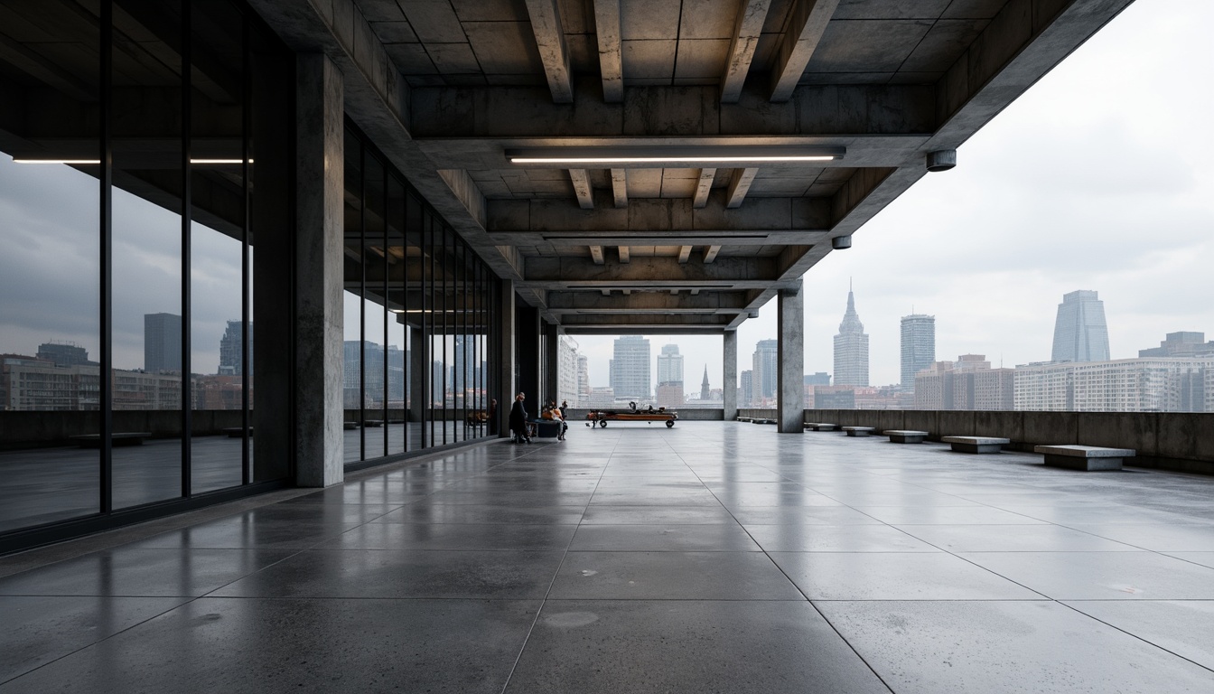 Prompt: Polished concrete floors, exposed steel beams, sleek glass facades, minimalist ornamentation, industrial chic aesthetic, brutalist architecture, raw unfinished materials, monochromatic color scheme, geometric shapes, clean lines, functional simplicity, urban cityscape, cloudy grey sky, dramatic spotlighting, low-key ambient lighting, 1/1 composition, realistic reflections, subtle atmospheric effects.