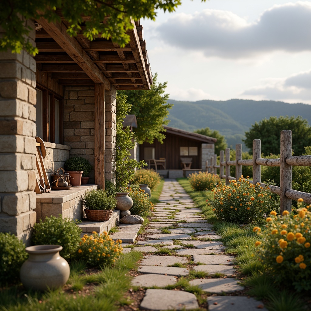 Prompt: Rustic rural cottage, natural stone walls, wooden beams, earthy tones, thatched roofs, straw bales, vintage farm tools, wildflower gardens, meandering pathways, weathered wood fences, rolling hills, cloudy skies, soft warm lighting, shallow depth of field, 1/1 composition, intimate close-up shots, realistic textures, ambient occlusion.