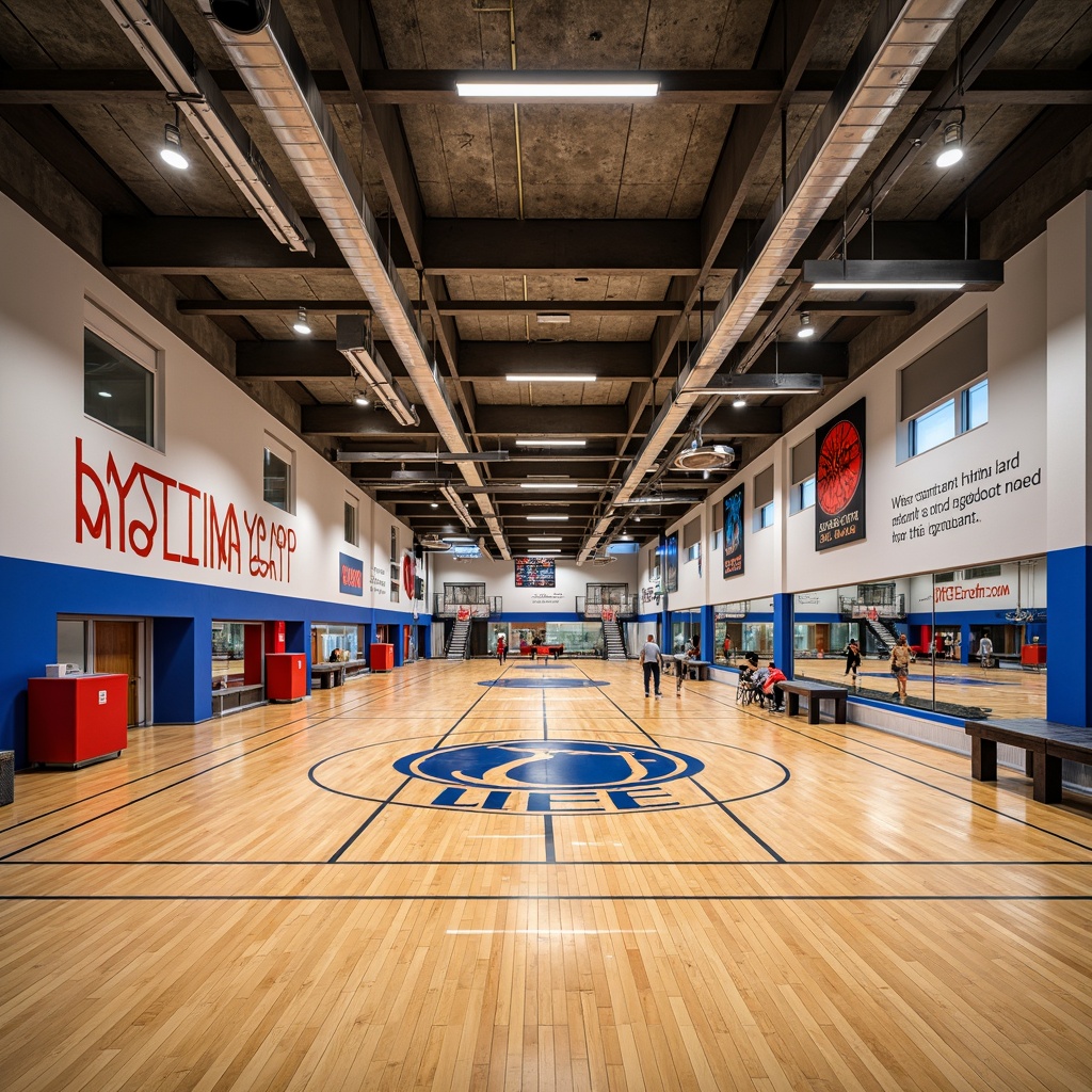 Prompt: Modern gymnasium interior, polished hardwood flooring, bright colored walls, motivational quotes, sports-themed murals, suspended LED lighting, metallic accents, industrial-style ductwork, exposed concrete ceilings, minimalist seating areas, rubberized athletic tracks, mirrored workout zones, dynamic color schemes, high-contrast textures, shallow depth of field, 1/1 composition, realistic reflections, ambient occlusion.