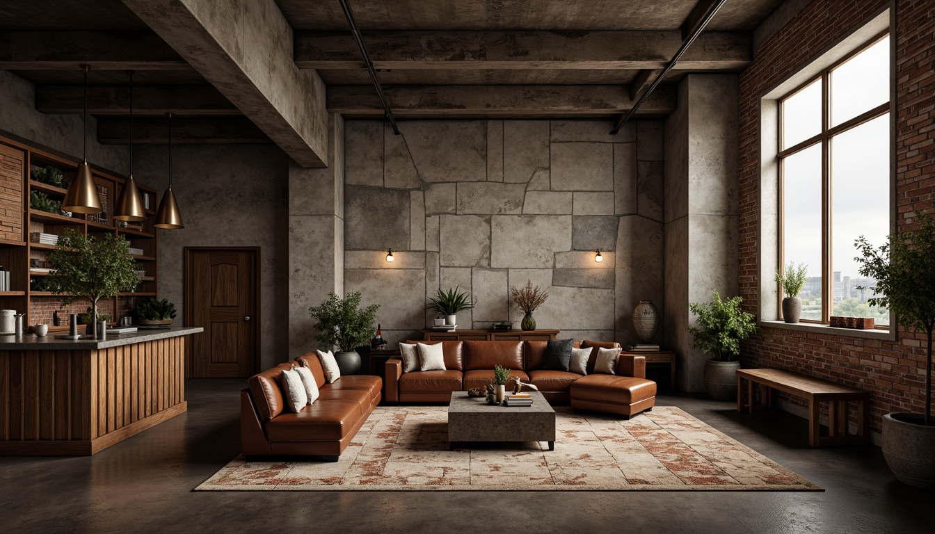 Prompt: Rustic concrete walls, exposed ductwork, industrial metal beams, reclaimed wood accents, abstract geometric patterns, fragmented brick facades, irregular stone formations, distressed leather furniture, vintage metal shelving, ornate wooden paneling, dim warm lighting, shallow depth of field, 1/1 composition, cinematic camera angles, gritty realistic textures, ambient occlusion.