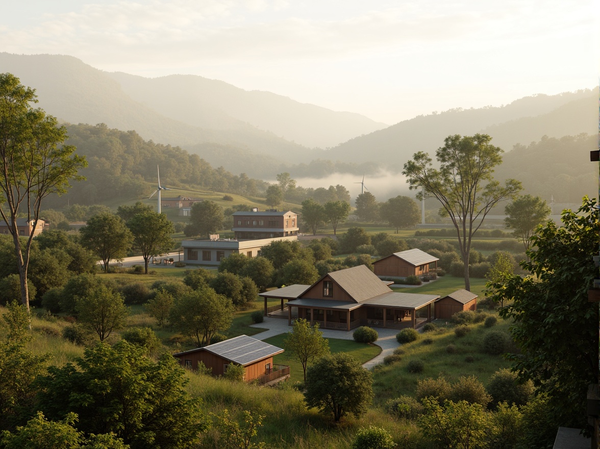 Prompt: Rural village, earthy tones, natural materials, wooden structures, green roofs, solar panels, wind turbines, eco-friendly buildings, organic farmhouses, lush vegetation, rolling hills, serene countryside, misty mornings, soft warm lighting, shallow depth of field, 1/1 composition, panoramic view, realistic textures, ambient occlusion.