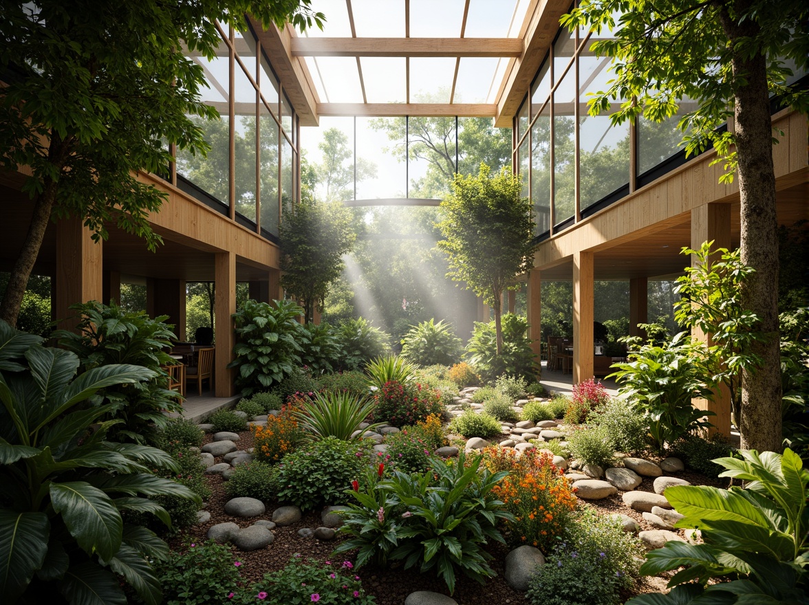 Prompt: Lush greenery, vibrant flowers, natural light, warm ambiance, earthy tones, wooden accents, misting systems, humid atmosphere, tropical plants, exotic foliage, glass roofs, clerestory windows, prismatic light effects, soft shadows, 3/4 composition, realistic textures, ambient occlusion, serene atmosphere, organic shapes, botanical patterns, nature-inspired design.