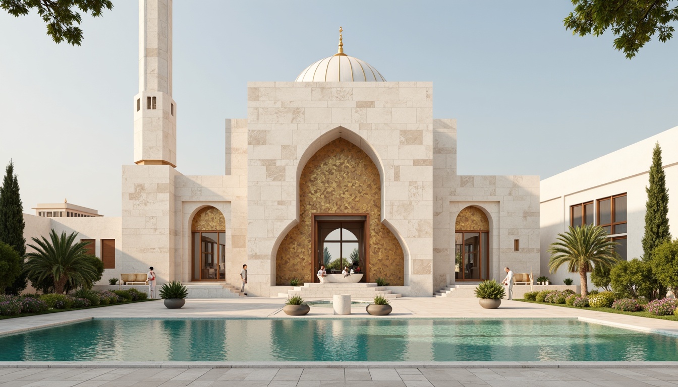 Prompt: Minimalist mosque, sleek marble fa\u00e7ade, geometric patterns, gold accents, grand dome, slender minarets, open arches, natural light pouring in, subtle shading, warm beige stone walls, modern Islamic architecture, clean lines, simple ornamentation, vibrant turquoise tiles, intricately carved wooden doors, peaceful atmosphere, soft morning light, shallow depth of field, 1/1 composition, realistic textures, ambient occlusion.