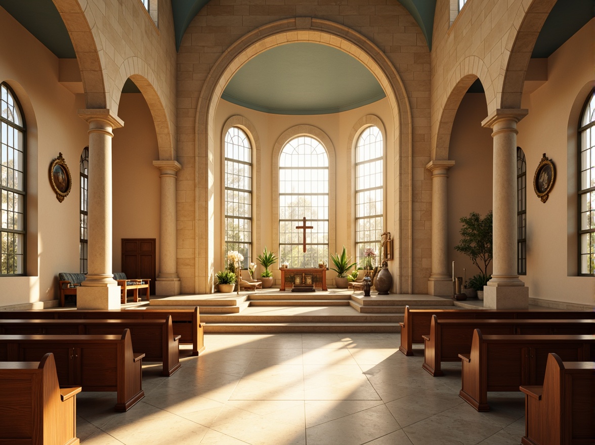 Prompt: Ethereal worship hall, soft golden lighting, warm beige stone walls, stained glass windows, rich wooden pews, ornate altar decorations, subtle cream-colored marble floors, calming blue-gray ceilings, elegant curved lines, spiritual ambiance, serene atmosphere, natural daylight pouring in, gentle shadows, peaceful color harmony, 1/2 composition, symmetrical architecture, realistic textures, ambient occlusion.