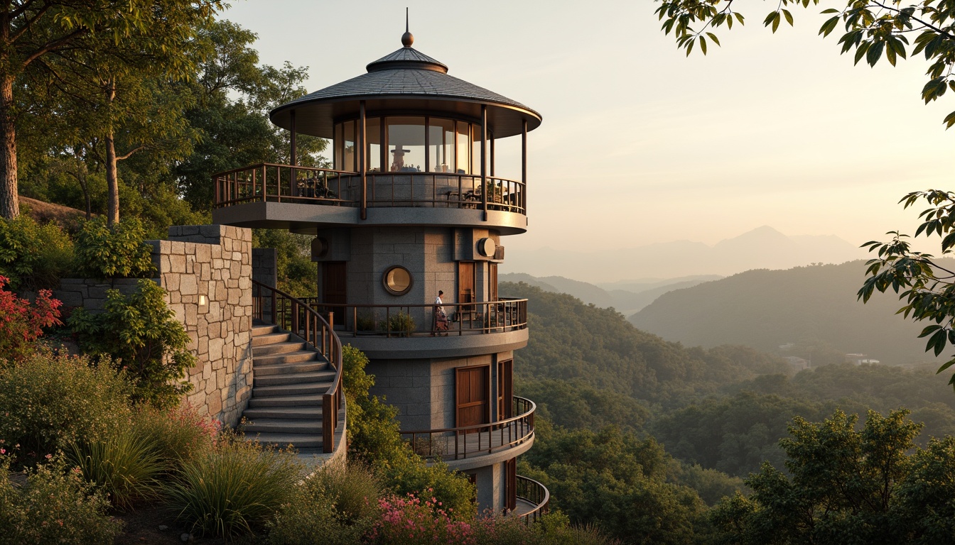 Prompt: Panoramic watching tower, rustic stone walls, wooden accents, scenic viewpoints, binoculars, telescopes, nature-inspired sculptures, lush greenery, blooming flowers, winding staircases, elevated platforms, birds' eye views, misty mornings, warm golden lighting, soft focus effects, 1/2 composition, atmospheric perspective, realistic foliage, ambient occlusion.