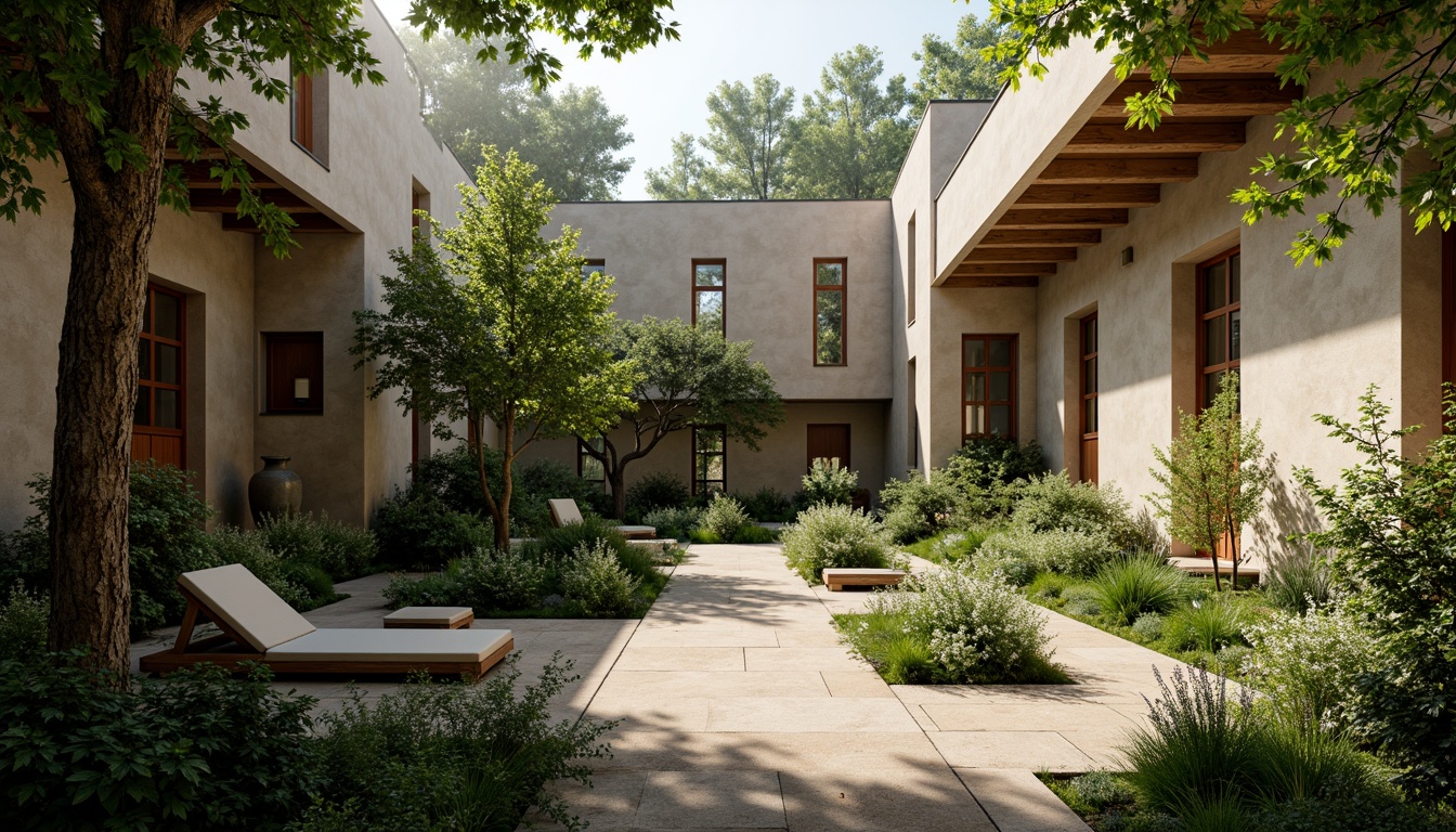 Prompt: Serene monastery courtyard, lush greenery, vines crawling walls, organic stone buildings, natural wood accents, earthy tones, curved lines, minimalist decor, stained glass windows, soft warm lighting, misty atmosphere, shallow depth of field, 1/1 composition, intimate perspective, realistic textures, ambient occlusion, peaceful ambiance, subtle soundscape.