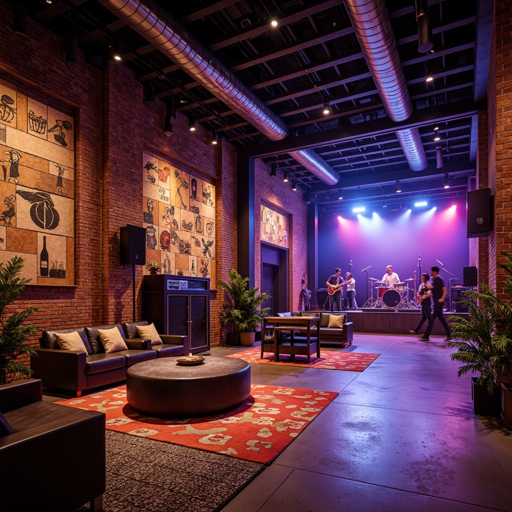 Prompt: Vibrant music venue interior, industrial chic atmosphere, exposed brick walls, polished concrete floors, metallic accents, neon lighting installations, soundproofing materials, textured wooden panels, geometric patterned rugs, eclectic furniture arrangements, dynamic stage design, professional audio equipment, live performance ambiance, warm color tone lighting, shallow depth of field, 1/1 composition, realistic textures, ambient occlusion.