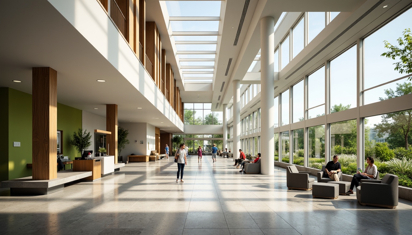 Prompt: Spacious hospital lobby, high ceilings, clerestory windows, skylights, natural stone floors, wooden accents, minimal obstructions, open waiting areas, comfortable seating, green walls, living plants, abundant daylight, soft diffused lighting, warm color tones, calming atmosphere, clear visibility, visual connections, seamless transitions, minimal shading devices, exterior landscape views, surrounding trees, gentle breezes, panoramic vistas, 1/1 composition, realistic reflections, ambient occlusion.