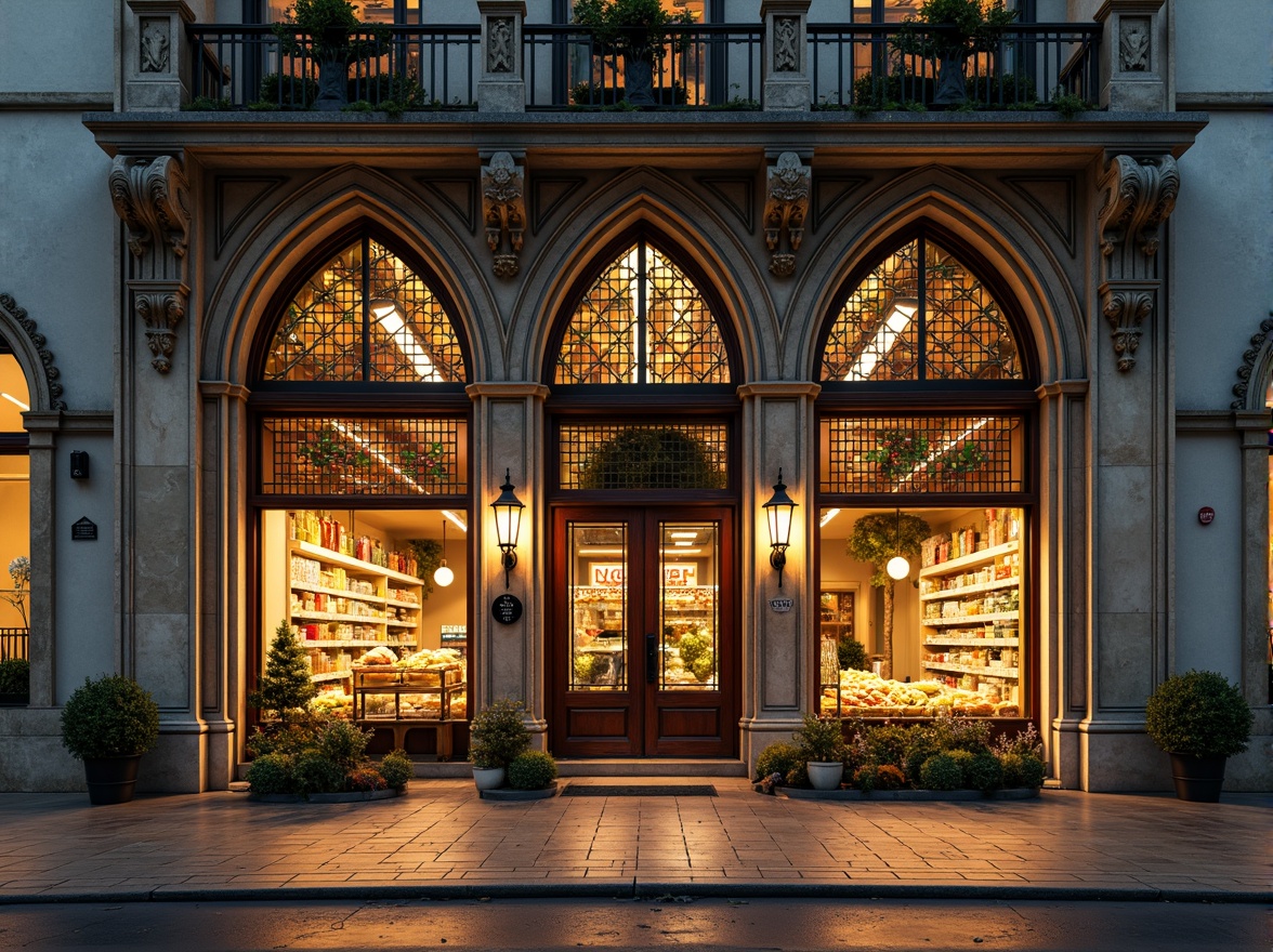 Prompt: Grocery store facade, Gothic architectural style, ornate stone carvings, pointed arches, ribbed vaults, flying buttresses, grand entrance, heavy wooden doors, intricate ironwork, stained glass windows, vibrant colorful tiles, decorative finials, lantern-inspired lighting fixtures, warm golden lighting, misty morning atmosphere, shallow depth of field, 2/3 composition, symmetrical framing, realistic textures, ambient occlusion.