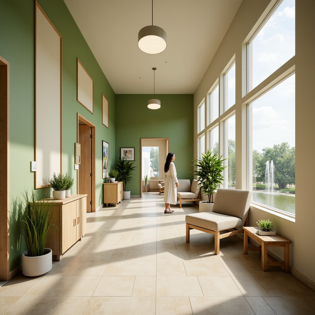 Prompt: Calming healthcare center, social housing style, earthy tone color palette, soothing green walls, creamy white accents, warm beige furniture, natural wood textures, minimal ornamentation, functional lighting fixtures, soft pastel shades, comfortable seating areas, lush indoor plants, calming water features, serene ambiance, shallow depth of field, 1/1 composition, realistic renderings, ambient occlusion.