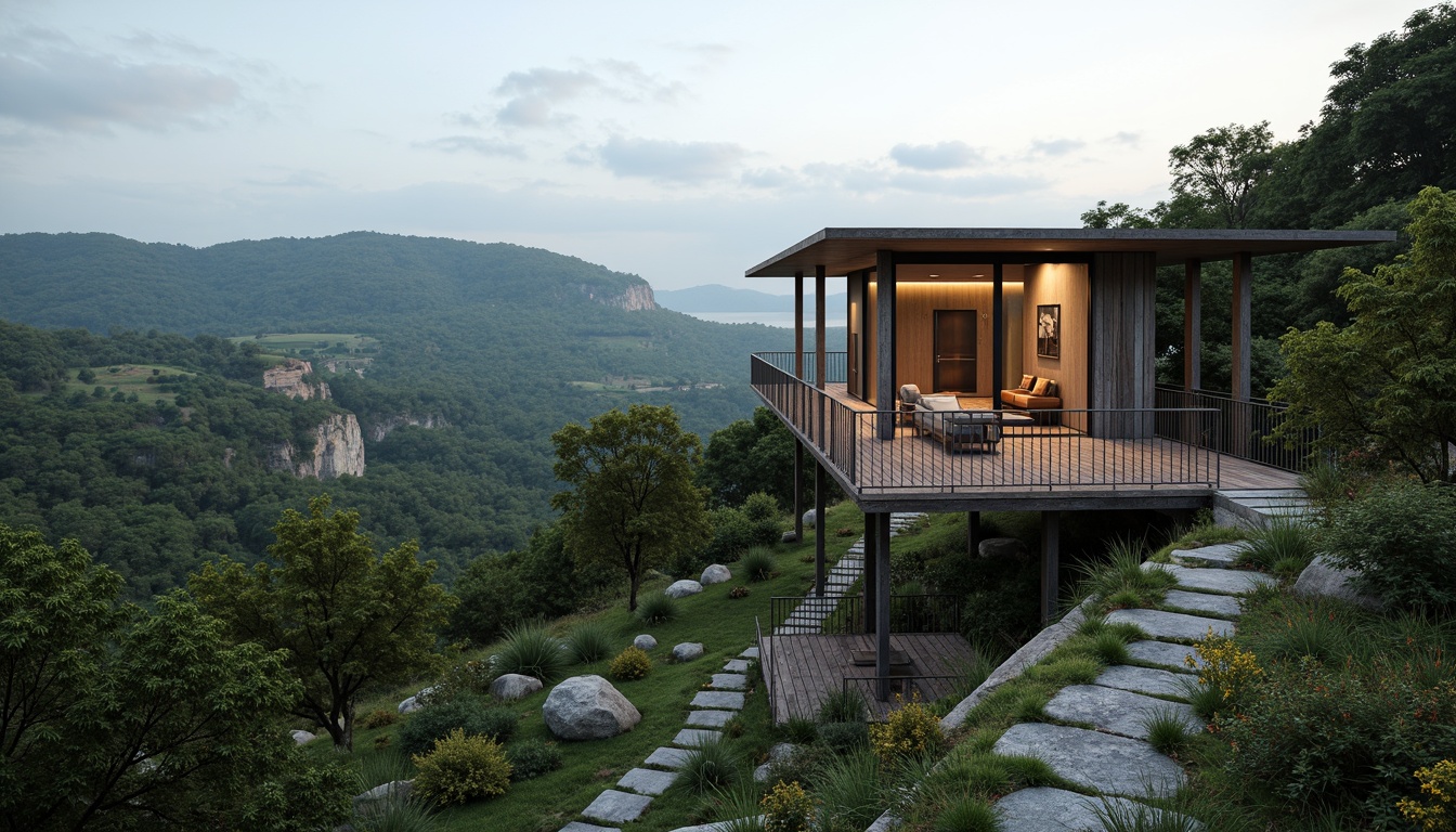 Prompt: Panoramic watchtower, harmonious landscape integration, rolling hills, lush greenery, winding stone pathways, scenic overlooks, rustic wooden decks, natural rock formations, weathered steel structures, modern minimalist architecture, large glass windows, sliding doors, ambient lighting, shallow depth of field, 3/4 composition, warm color palette, realistic textures, ambient occlusion.