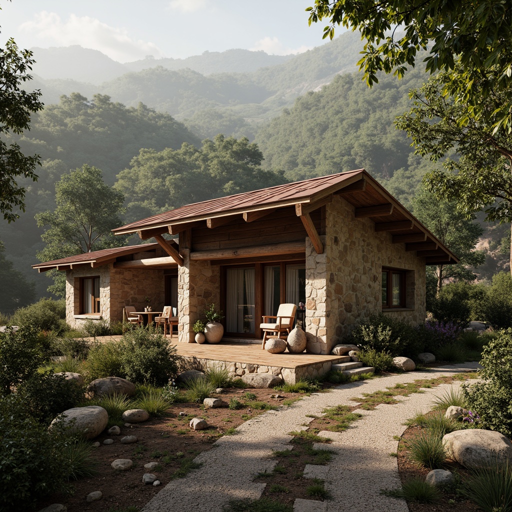 Prompt: Rustic rural cottage, natural stone walls, wooden beams, earthy color palette, reclaimed wood accents, vintage metal roofs, overgrown gardens, winding country roads, dense forest surroundings, misty morning atmosphere, soft warm lighting, shallow depth of field, 3/4 composition, panoramic view, realistic textures, ambient occlusion, rough-hewn timber, woven wicker furniture, distressed finishes, organic forms, handcrafted details.