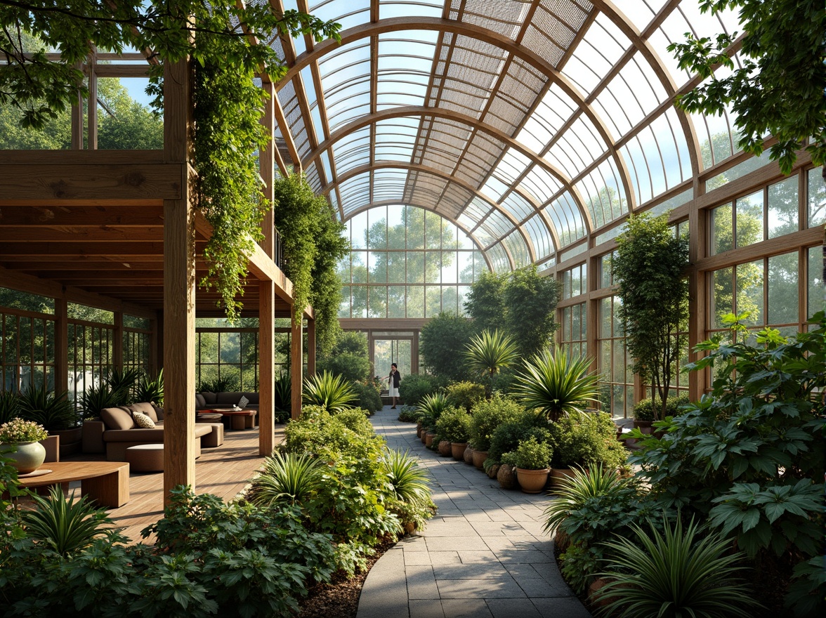 Prompt: Vibrant greenhouse interior, lush tropical plants, natural stone pathways, wooden trellises, misting systems, warm soft lighting, organic shapes, sustainable materials, energy-efficient systems, curved glass roofs, minimalist decor, serene atmosphere, abundant natural light, shallow depth of field, 1/1 composition, panoramic view, realistic textures, ambient occlusion, outdoor seating areas, water features, butterfly gardens, hummingbird attractors.