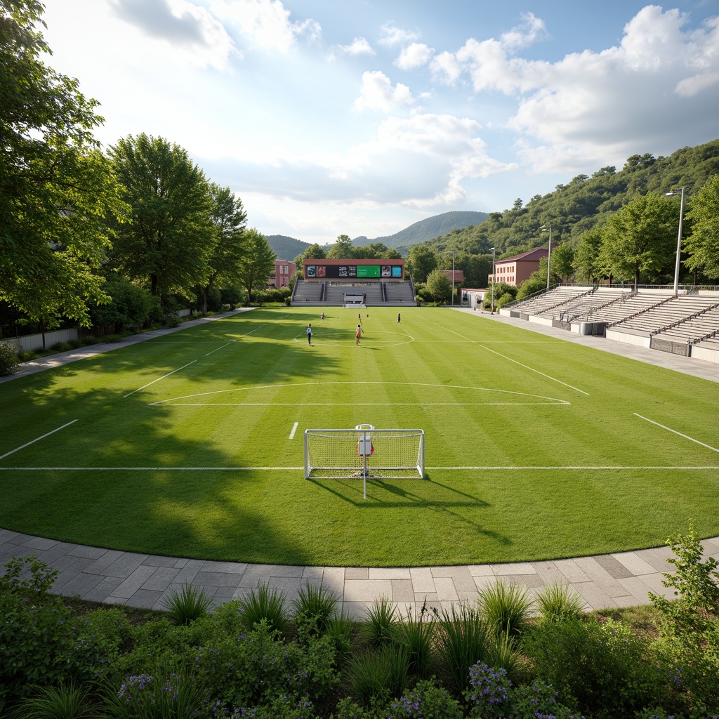 Prompt: Vibrant green grass, sports track lanes, athletic field markings, goalposts, bleachers, scoreboard displays, natural stone pathways, lush tree lines, sunny day, soft warm lighting, shallow depth of field, 3/4 composition, panoramic view, realistic textures, ambient occlusion, rolling hills, outdoor recreation spaces, picnic areas, walking trails, playground equipment, swings, slides, climbing frames, educational signs, athletic field lighting, nighttime illumination, stadium seating, concession stands.